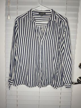 Alexander Jordan Women's Blouse Size 2X Blue White Striped Long Sleeve Button Up